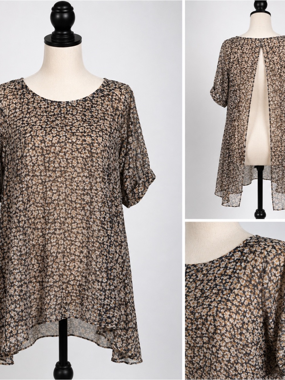 Karen Zambos Vintage Couture Open Back Sheer Floral Tunic Blouse Boho L